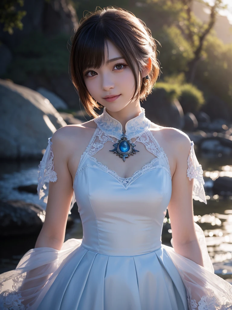 beautiful detailed eyes, droppy eyes,beautiful detailed lips, extremely detailed eyes and face, long eyelashes, 1japanese girl, fantasy character, (Final Fantasy, yuuna),smile,short hair,elegant white dress,break, blue long skirt,break,magical girl, highly detailed, fantasy landscape, dramatic lighting, glowing effects, mist, intricate details, volumetric lighting, cinematic composition, hyper realistic, 8k, best quality, masterpiece, photorealistic,Highres fix