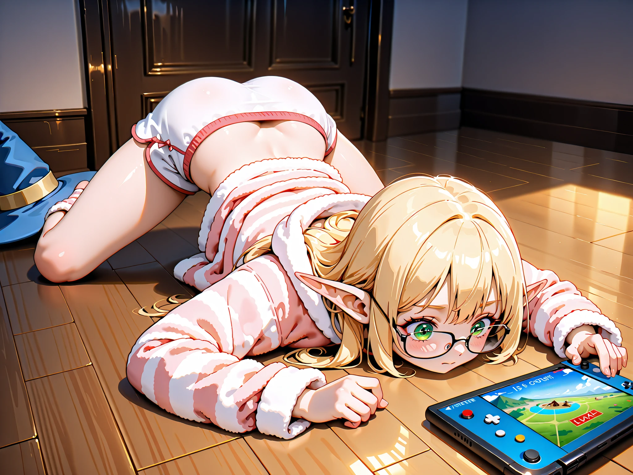 Private room、Playing video games、1 girl、elf ears、Wizard Hats、loungewear、glasses、is sloppy、Face down on the floor、masterpiece、top quality:1.5、