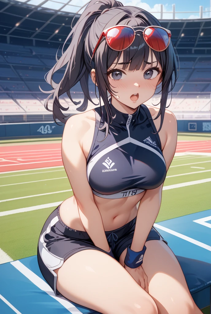 woman。(Athletics)。smile、Dark brown ponytail、(World Athletics)。(Dark blue track uniform:1.2)、Sleeveless、Outdoor athletic fields。(Independent Athletics Uniforms)。competition、Perfect hands、Show your belly、Facing the audience、training、Spread your legs