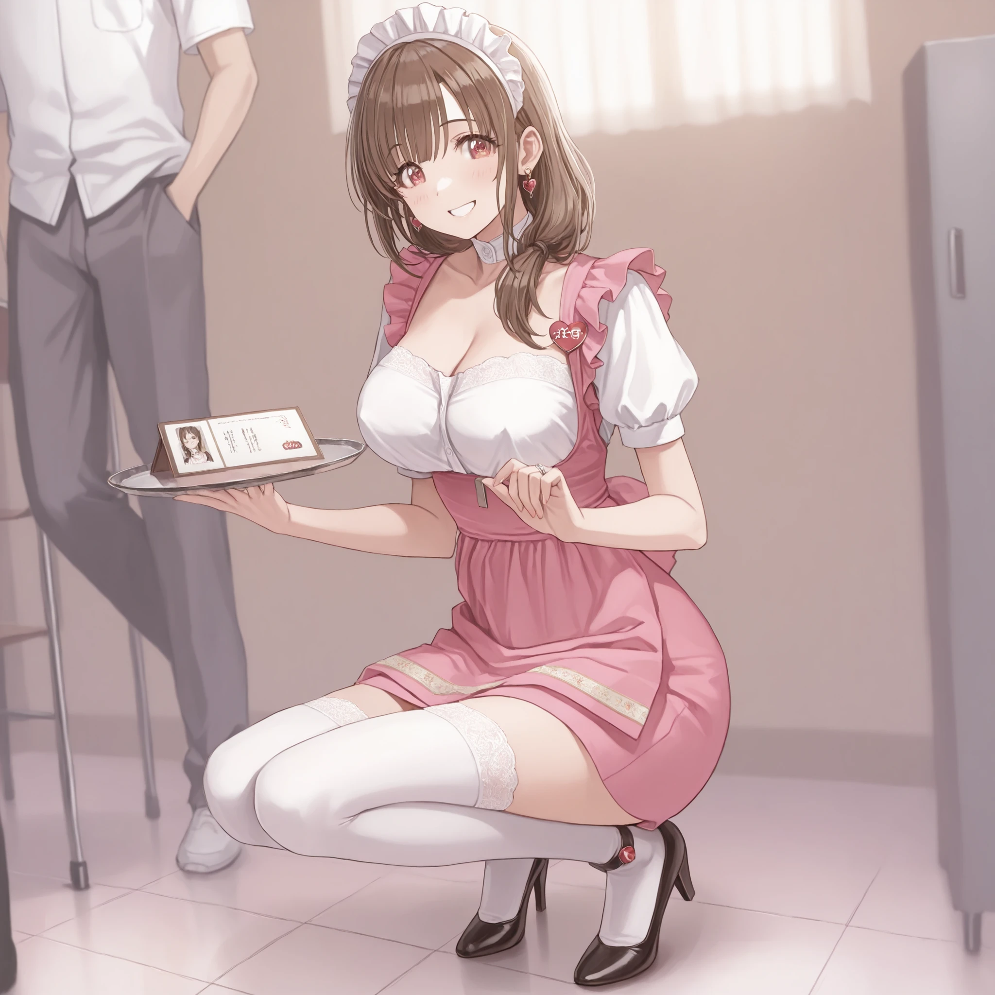 Mature Woman女性, Housewife, she closes her mouth and smiles gently,full body,Kind Eyes, brown hair, low long hair, pink waitress costume_Anna Millers_ very short skirt ,I'm crouching down on one knee,white lace panties are watching,black high heels,anklet,ring on the ring finger of the left hand,Heart Earrings, Disconnect, Mature Woman, soft light in a mental hospital, advanced details, best quality, big breasts,Beautiful Breasts, erect nipples,seductive cleavage,seductive thighs on the tray on the right hand,, I serve customers with a menu book,Many perverted male customers look at women with a grin and disgusting gaze