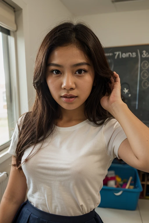 Big breasts,droop,sideways,Sideways to the camera,bend over,shirt,student,enthusiasm