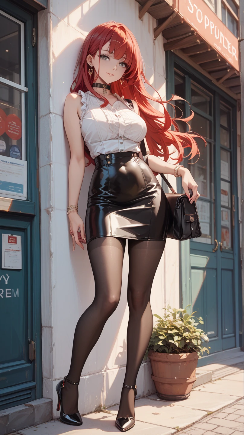 (full body shot:1.1) photorealistic image of a (standing pose:1.1) woman, ultra realistic, photography, long red hair, girl, 20 years old, hourglass figure, perfect body, Flirty look, natural medium breasts, blur background, walking on a street, red tight sweater, black mini skirt, tights, black boots, slight cleavage
