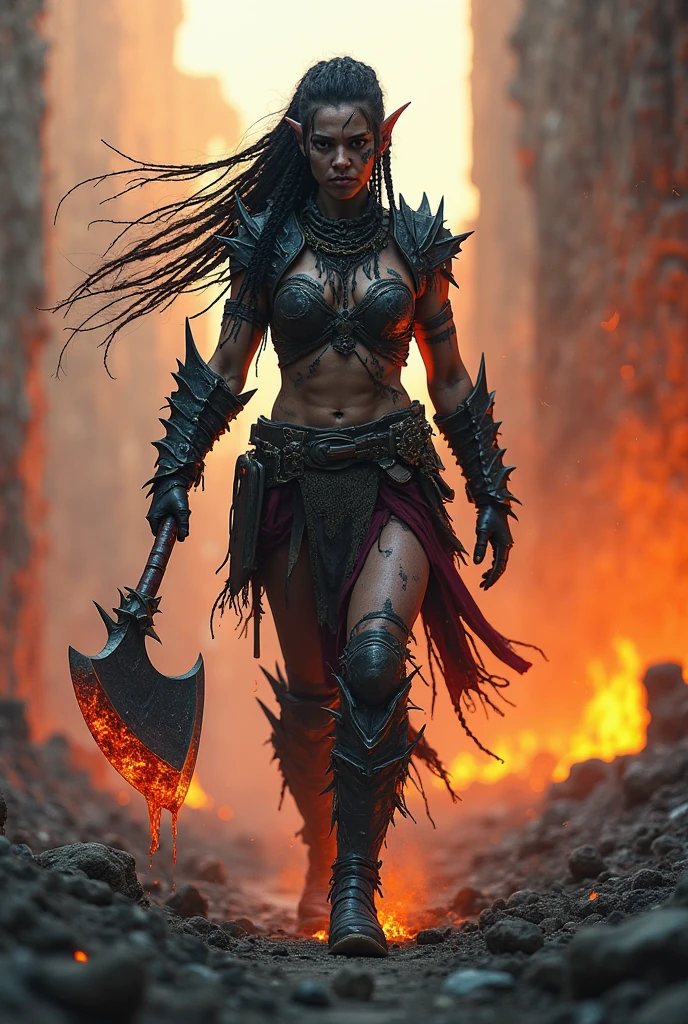 A striking, highly detailed digital illustration by artist Luis Royo The central figure is a female warrior with a fierce, determined expression. She has long, straight black hair, fair skin, and a slender, athletic build. Her attire is futuristic and armored, predominantly in red and black with metallic accents. She is wearing a minimalistic, revealing outfit that includes high-heeled boots, a short, sleeveless top, and thigh-high leggings. Her breasts are partially exposed. She holds a massive, two-headed warhammer in her right hand, which is adorned with sharp, serrated edges and glowing red details. The background is a chaotic, dark scene with an ominous, otherworldly atmosphere. It is filled with fiery red and black hues, suggesting a battle or a scene of destruction. Large, skeletal, demonic creatures with glowing red eyes and sharp claws are depicted in the background, adding to the intense, apocalyptic feel ((masterpiece, top quality, Highest image quality, High resolution, Photorealistic, RAW photo, 8K)), ((extremely detailed CG wallpaper unified 8k)), (Huge stunning shot of the goddess, Very hot and sexy, stunning beauty, Ideal proportions, Beautiful body, Slim body, beauty:1.4) caption: "KlausLoki" is indicated in the down right corner of the picture