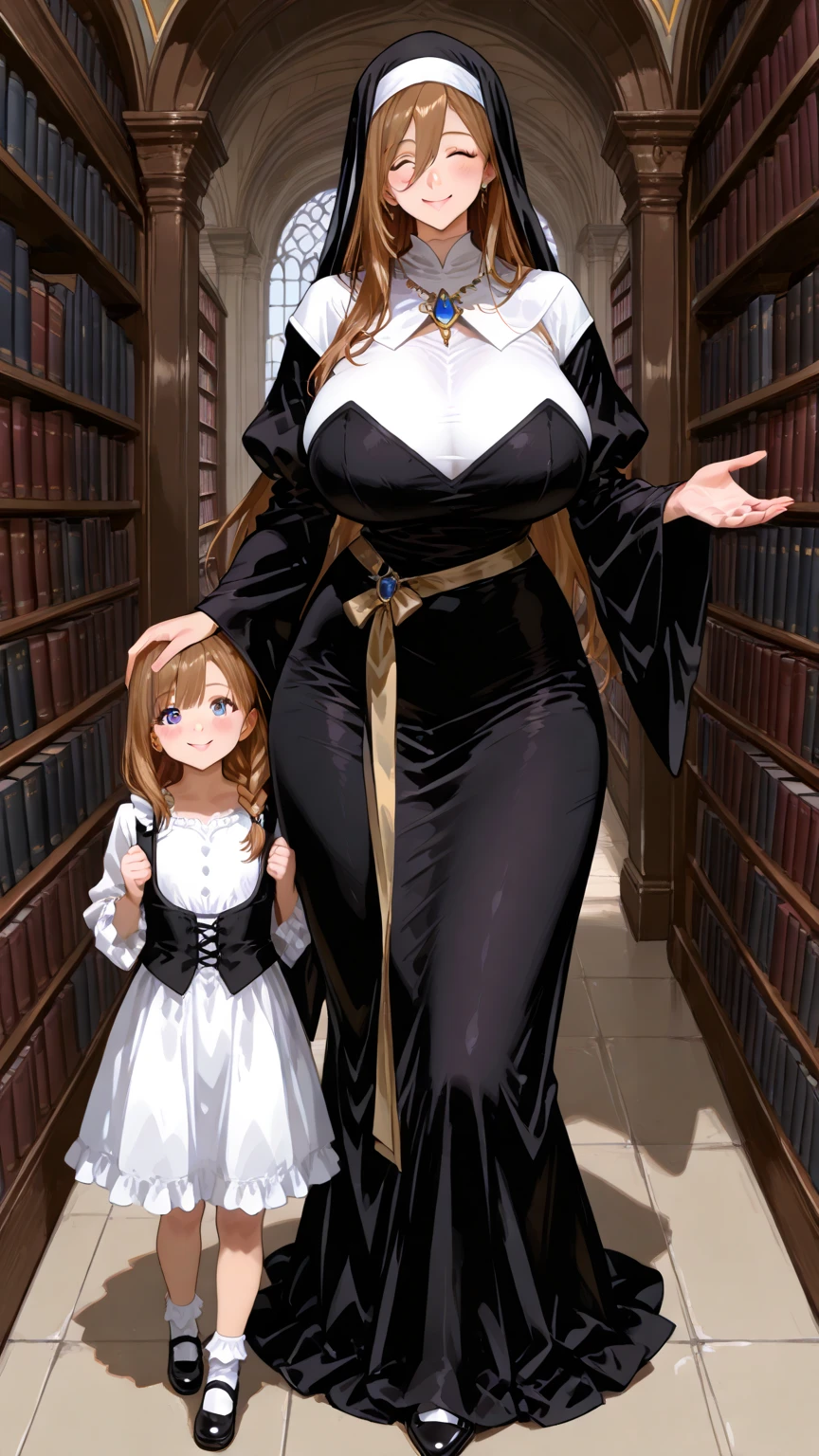 (minigirl on a table standing up below the breasts and face of a giantess girl: 1.3), (minigirl standing rear end on a table looking up at a giantess: 1.1) closeup breasts and face, (from below view: 1.2), (medium sized breasts), cleavage, (indoors: 1.1), (2girls: 1.5), (height difference: 1.9), (size difference: 1.3), (cute adult woman: 1.3), (cute girl with girly dress frills: 1.1), (fantasy set in medieval era: 1.1), cute dress, books, teddy bear, toys, weapons, robe, light, (long distance photo: 1.1), (foreshortening table: 1.1), bent over, (long distance: 1.2), (far away: 1.2)