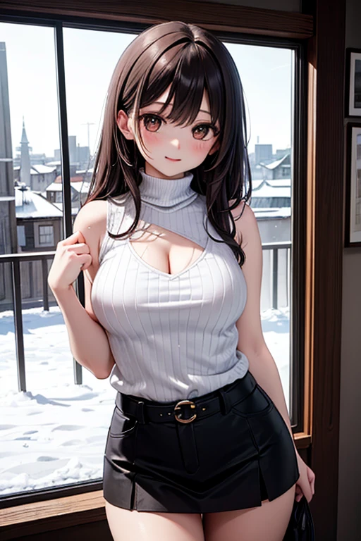 Beautiful woman ((  Off-shoulder turtleneck, Leather shorts )), (( Background Cafe)), sitting in a chair , perfect body shape, Shining Effect, Aura of comfort, gentle expression, smile, very big breasts, very big ass, , Glowing light effect, Light Body Aura, Bright eyes that shine, purple eyes, mature, perfect color layers, Perfect color overlay, Pause, Sunshine effect, Super Effects, handbag, necklace, Silver color on coat, table, parfait