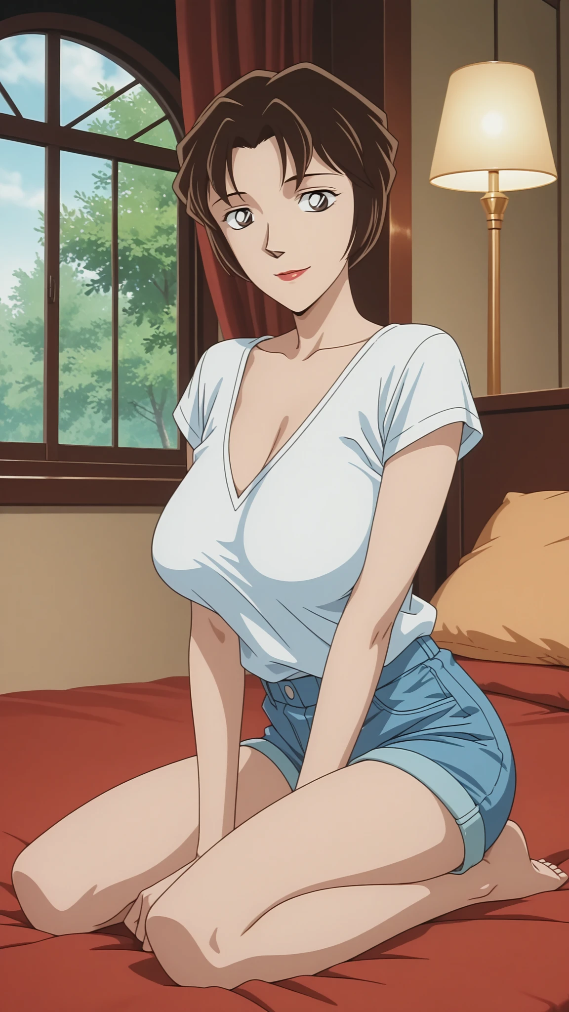 masterpiece, highest quality, High resolution, One girl, solo, sexual intercourse, Pornographic images, short hair, etsukoto, brown Eyes, fine grain, fine grain, (((Thick thighs, Plump thighs, Voluptuous thighs, Thighs alone are enough))), Huge and ample breasts, Cleavage, big long breasts, Naughty big,((big breasts are important))、((Naughty thighs)), L Cup, (thin:1.4),(Tight waist:1.4),  (yellow micro dress:1.4), ((white waist apron)), smile, open mouth, blush, white panties,  (((Simple Background))), ((Wide Hips)), Shiny, Oily skin, Mature mother, Calf, Seductive mature woman, milf, Perfect body, Plus Size Model, curvy, ample, etsukoto, blush, clavicle, retro artstyle, 1990s (style), (thick thighs:1.4), lying, side on, spread legs,