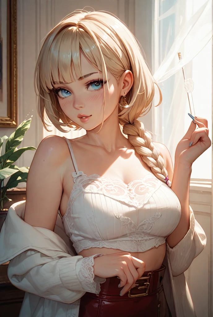Elsa,chubby face,invent,face detail,blush,purple eye shadow, rose in hair,arise from,simple background, looking to the side,half shirt, White dress, No blouse, without bra, visible chest peak, (big tits) (big breasted) (fully exposed chest) ( naked and visible nipple) (big tits) (big breasted) (fully exposed chest) ( naked and visible nipple) big tits) (big breasted) (fully exposed chest) ( naked and visible nipple