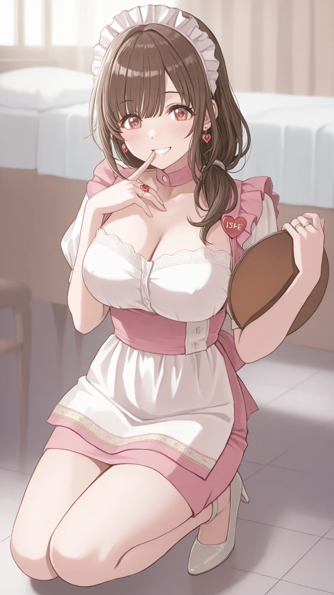 Mature Woman女性, Housewife, she closes her mouth and smiles gently,full body,Kind Eyes, brown hair, low long hair, pink waitress costume_Anna Millers_ very short skirt ,I'm crouching down on one knee,white lace panties are watching,black high heels,anklet,ring on the ring finger of the left hand,Heart Earrings, Disconnect, Mature Woman, soft light in a mental hospital, advanced details, best quality, big breasts,Beautiful Breasts, erect nipples,seductive cleavage,seductive thighs on the tray on the right hand,, I serve customers with a menu book,Many perverted male customers look at women with a grin and disgusting gaze