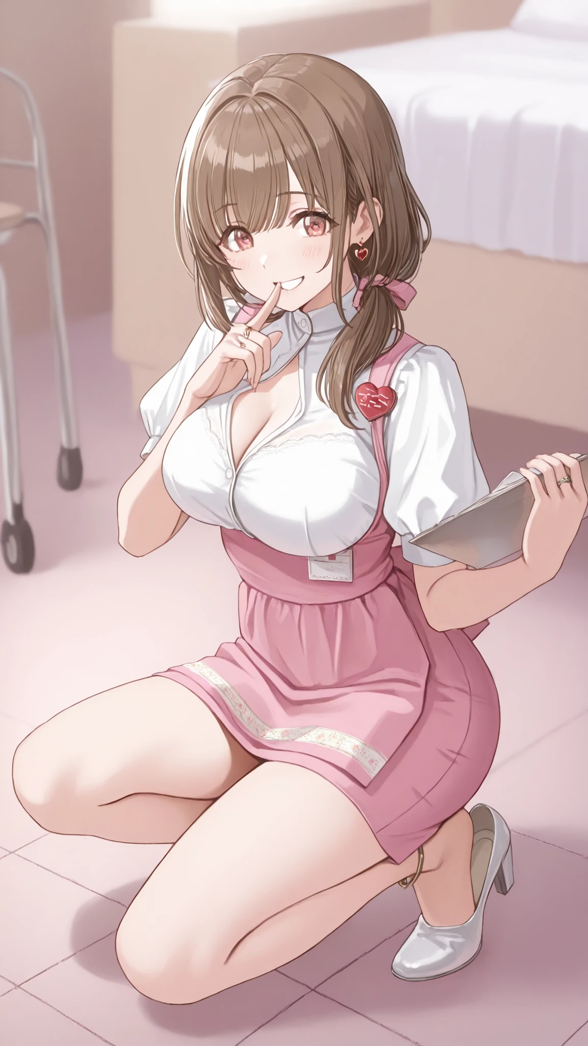 Mature Woman女性, Housewife, she closes her mouth and smiles gently,full body,Kind Eyes, brown hair, low long hair, pink waitress costume_Anna Millers_ very short skirt ,I'm crouching down on one knee,white lace panties are watching,black high heels,anklet,ring on the ring finger of the left hand,Heart Earrings, Disconnect, Mature Woman, soft light in a mental hospital, advanced details, best quality, big breasts,Beautiful Breasts, erect nipples,seductive cleavage,seductive thighs on the tray on the right hand,, I serve customers with a menu book,Many perverted male customers look at women with a grin and disgusting gaze