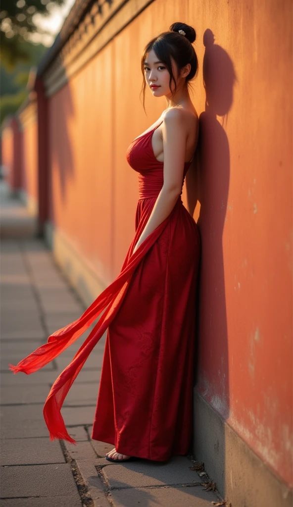 fullbody view, female, intense green eyes, black hair tied to a bun, strapless full dress, red scarf around her neck, long silk gloves, a fabric is wrapped around her waist