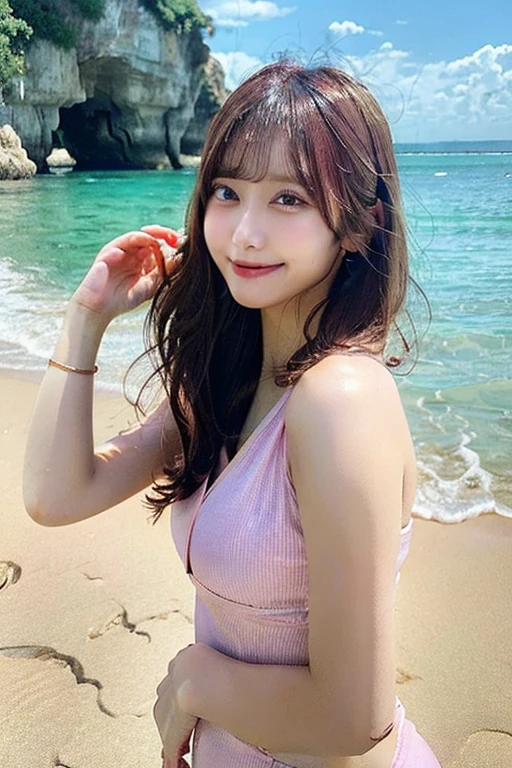 (The whole body is projected)、(2 girls), (Perfect hands:1.2), (Perfect Anatomy:1.2), (best quality:1.3), (masterpiece:1.3), (Very detailed:0.8), 17 years old, Perfect Face, Cute and symmetrical face, Baby Face, Pink Lips, (:1.1), High resolution, High resolution, CG Unity 8k, Nice hands, throw, top quality, (smile:1.3),  (Look at other people:1.3), looking up★顔：detailed face, (Beautiful face: 1.1), beautiful girl, cute, beautiful detailed face, ★eye：blue eyes, detailed eyes, キラキラしたeye ★イルミネーション：Light of the sun, ★chest: Detailed skin, (chestの谷間:1.4), Shiny skin, ★hair： :(Wolf Cut)★style: animation, shape, (Wet:1.2), ★environment：Ocean, cloud, Day, Beach, ★Costumes :(MicroBikini: 1.3),  , jewelry, Earrings, necklace, Earrings, accessories,  ★One：Small Head,  ★action：(2. Hug)