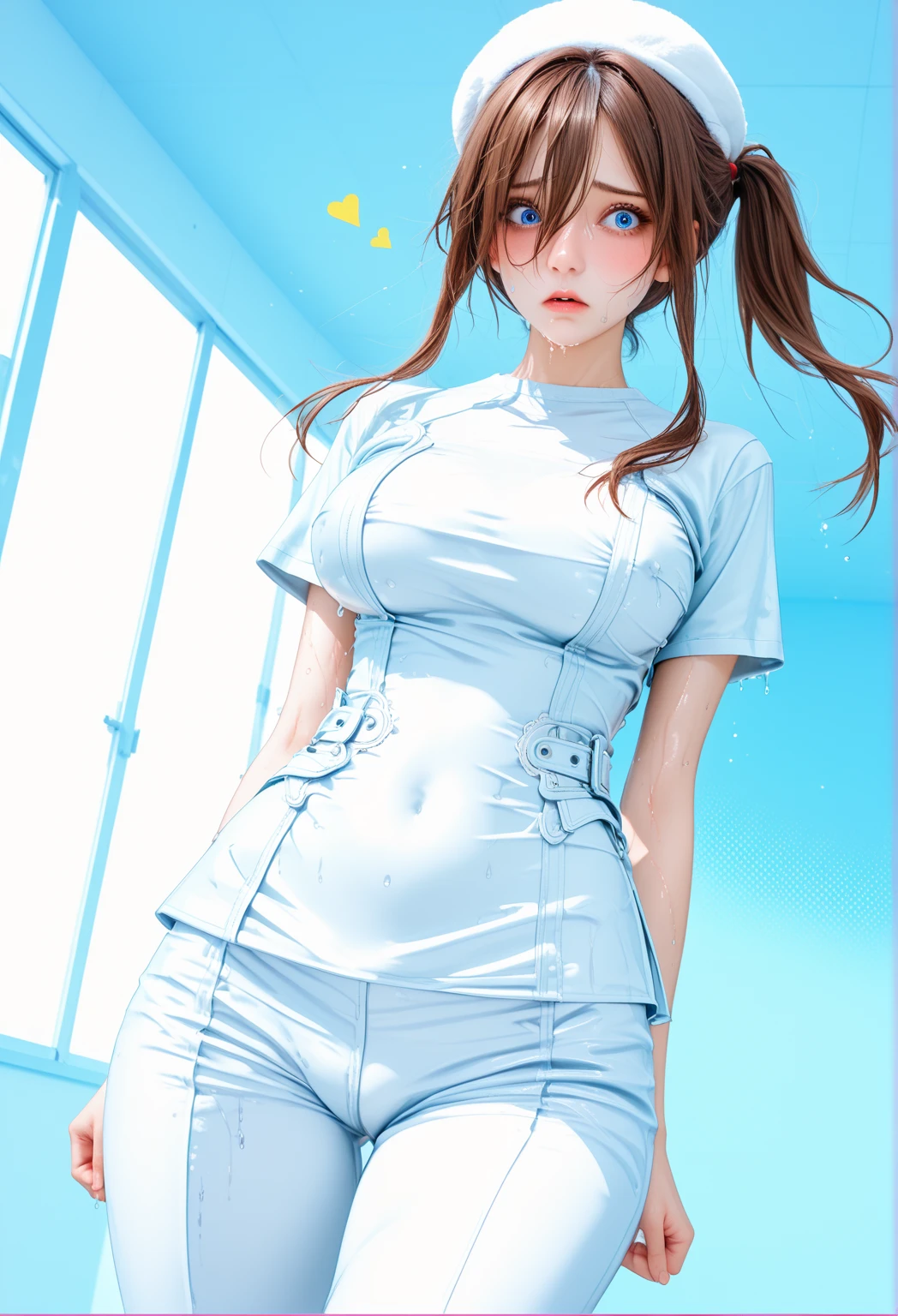 A Female robot is sleeping in Obstetrics and gynecology, spread legs, nude, banzai pose. she wears no dress. She Brown short hair is tied with two big red clothespins, She lifts up the under hem of her white plain dress, leaning over, masterpiece, very short pigtails,brown hair, mature, android, blue eyes, full body figure, Height: 160cm, flushed cheeks, 2020s anime picture, A beautiful robot with short brown hair in two short pigtails held up by two very large huge red clothespins, Uplifting, No NSFW, whole body, barefoot, archaic smile, getting orgasm, 25 years old, sweat bucket, in Obstetrics.