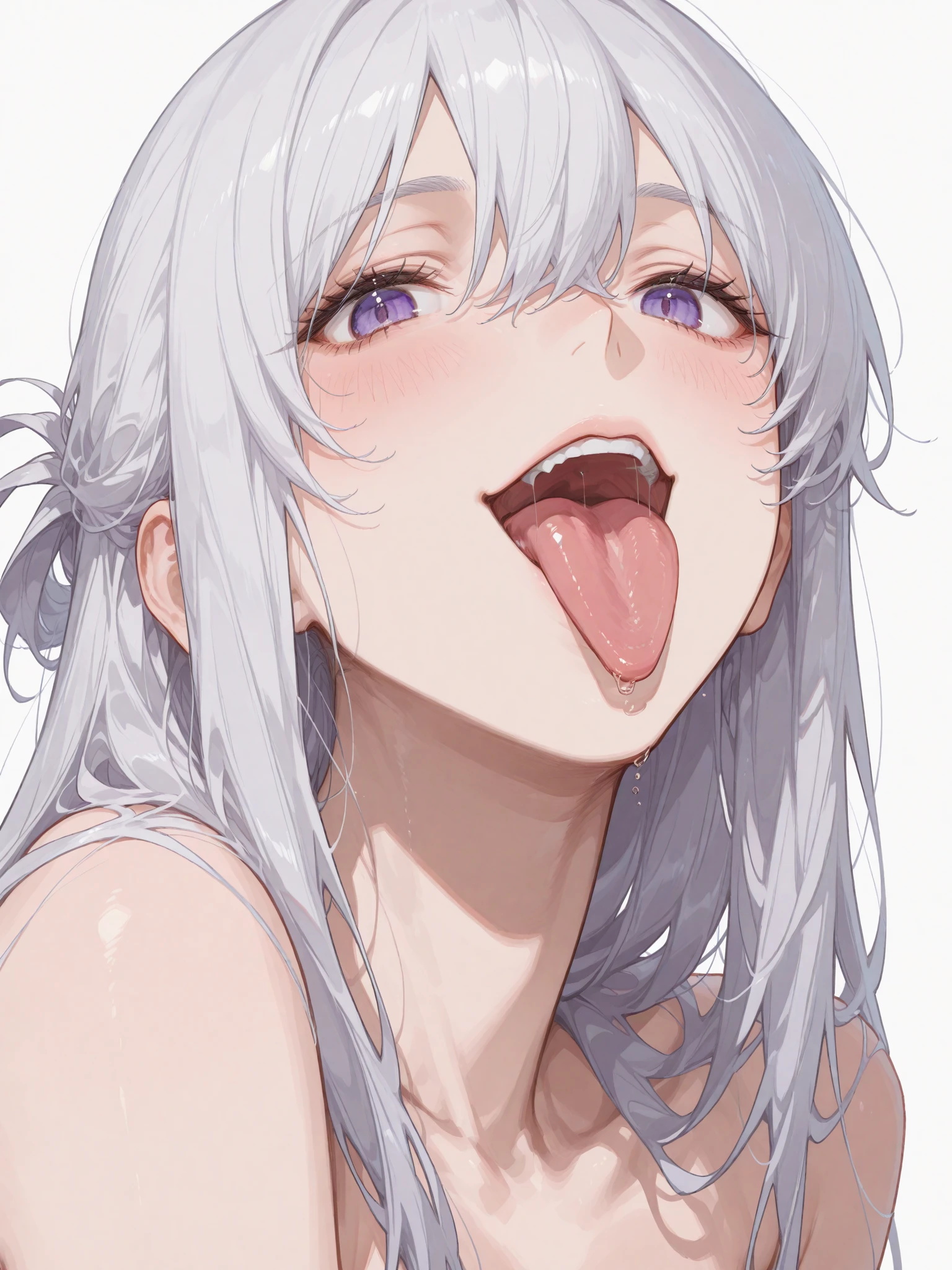 (masterpiece:1.2)、Highest quality、PIXIV、Rebellious girl、One girl、Open your mouth、鋭いteeth、teeth、Long Hair、Street background、Bright purple eyes、eyelash、Upper Body、Characters in clothes、smile、Focus on the viewer、Chest in the center、Black and white hair color,leaning forward,Night view,Black and Whiteグレーの服装,Overflowing drool、saliva、White Breath、Sigh、An excited look、Long, narrow eyes,fallatio、Black and White、Pull your mouth with your fingers
