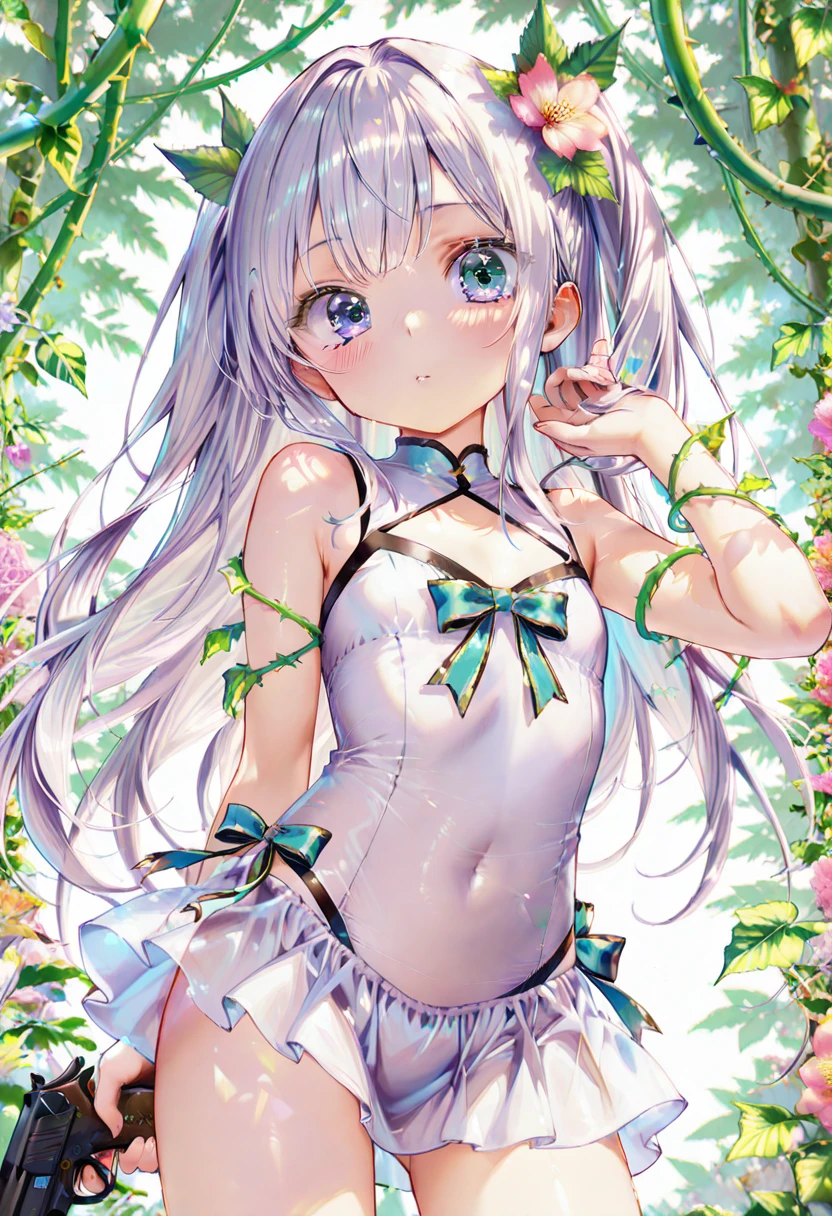 Best Quality, top-quality、(cute petit girl：1.3),Beautiful pink eyes、flat chest、Lori、（Cuteness beyond limits）、Shining thighs、((Cute smile))、tied up with a collar、Cute white panties、Cute white bra、Show your butt、Open your 