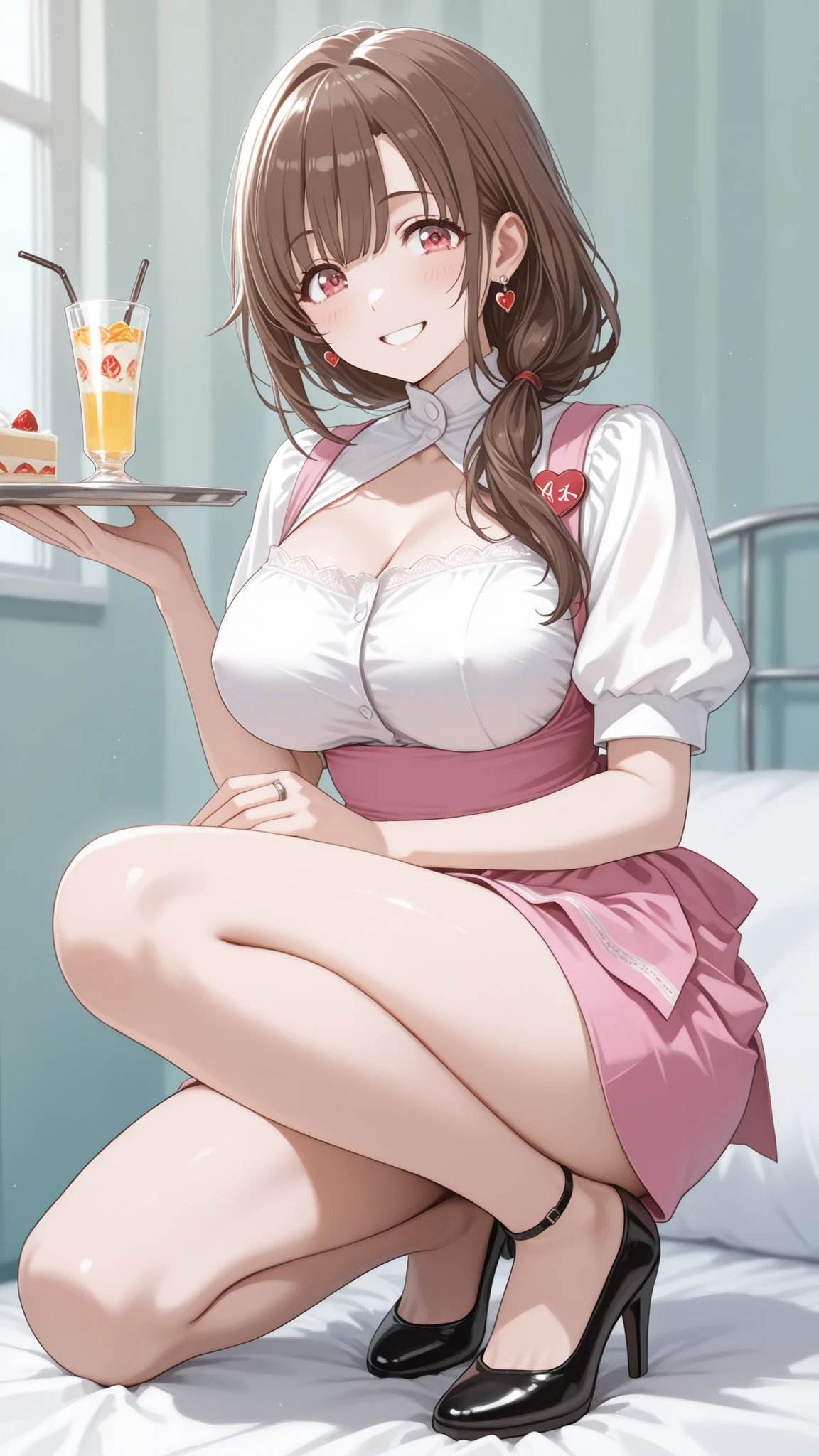 Mature Woman女性, Housewife, she closes her mouth and smiles gently,full body,Kind Eyes, brown hair, low long hair, pink waitress costume_Anna Millers_ very short skirt ,I'm crouching with my thighs open slightly and getting down on one knee,white lace panties are watching,black high heels,anklet,ring on the ring finger of the left hand,Heart Earrings, Disconnect, Mature Woman, soft light in a mental hospital, advanced details, best quality, big breasts,Beautiful Breasts, erect nipples,seductive cleavage,seductive thighs on the tray on the right hand,, I serve customers with a menu book,A lot of perverted male customers are looking at women's panties with a grin and disgusting