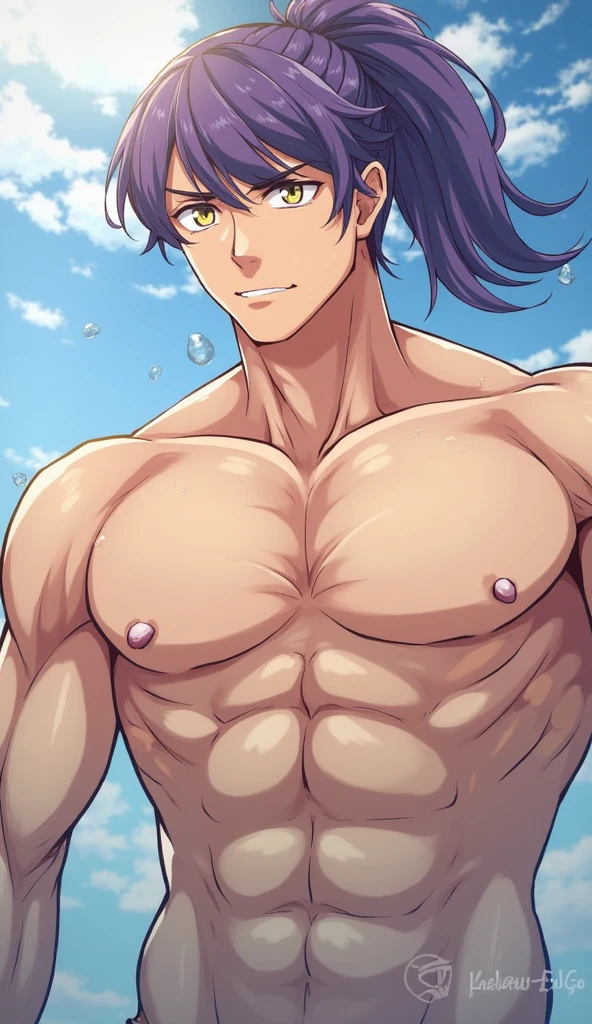 high quality,flexing, (soro japanese teen boy:1.5), (detailed eyes), (black long hair), (muscle:1.5), naked, (dark wet skin), (detailed puffy nipples), black tiny thong, bulge, smirk, looking at viewer,