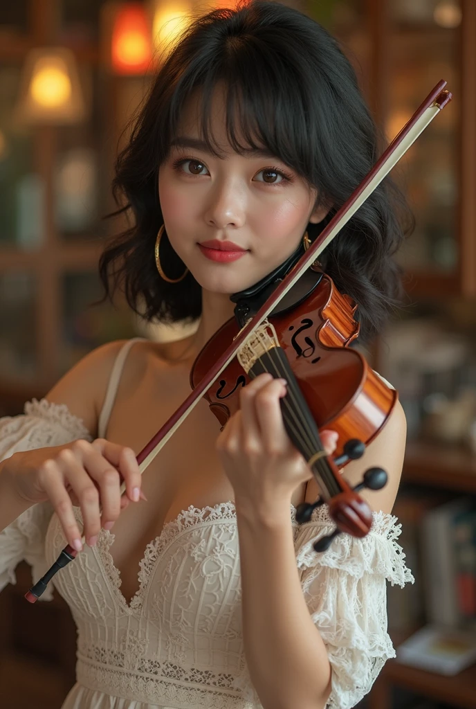 (20-year-old Japanese top idol), (Small breasts,:1.5,),(solo,Textured skin, High detail, Highest quality, Super detailed, Surrealism, realism,8k,RAW Photos,Professional Lighting,),(((Live house lighting,violinist,Playing the violin,Bob Hair,Full Body Shot,dress)))