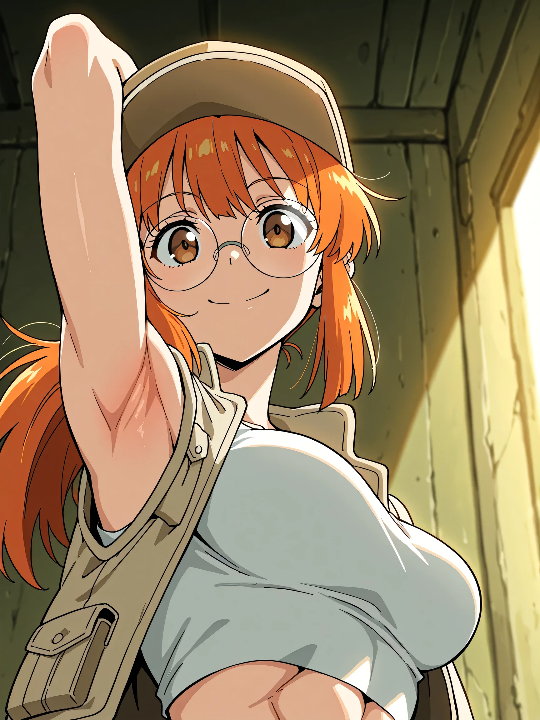 masterpiece, best quality, amazing quality, anime screencap, anime coloring, 1girl, solo, Fio Germi, toned, (muscular female:0.9), baseball cap,brown headwear,beige hat,long hair,orange hair,ponytail,sidelocks,brown eyes,bangs,round eyewear,crop top,midriff,beige vest,tank top, medium breasts, arm behind head, armpit, armpit focus, head towards viewer, looking at viewer, direct eye contact, smile, closed mouth, confident, military base, abs, from side, from below