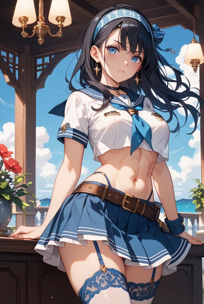 ung_Teerl with、Lori、brown_hair、Medium_bobhair_hair、Blue_Midriff_bearing_sailor_uniform、Mini_Skirt、Short_Sleeve、thighs thighs thighs thighs、Big_Tits,Closed_Eyes, a smile、Open_Mouth、is standing,harbour_Background、slightly_Spread_Legs、happiness、NSFW、Short_gloves, Wet,Transparent,Covered_, Covered_Crotch, Under_Tits,