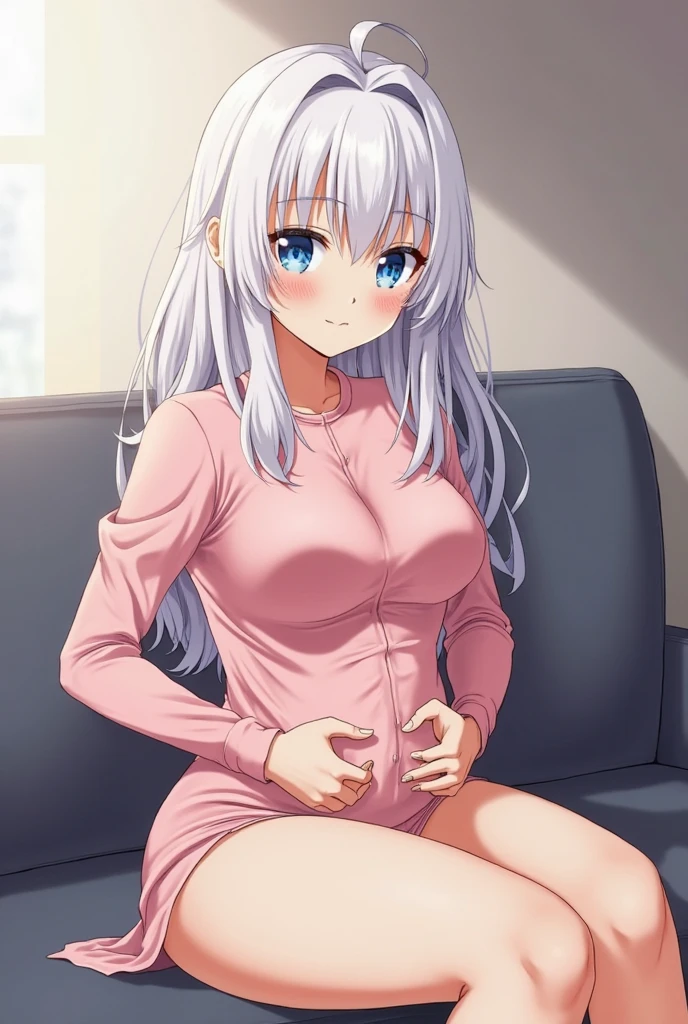 <l<lora:noa:1>, noa(blue archive), bedroom background, long sleeves, ribbed sweater, purple eyes, long hair, sitting, 1girl, index finger raised, long white sweater, halo, looking at viewer, grey hair, thighs, white background, sweater, mechanical halo, headphones, solo, large breasts, turtleneck sweater, smile, bare legs, very long hair, barefoot, wariza, turtleneck, on bed