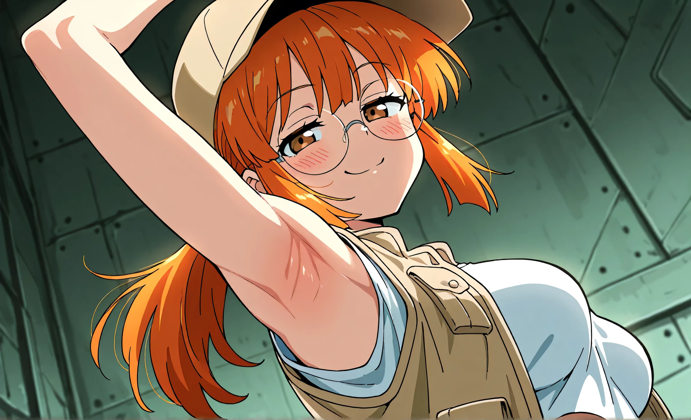 masterpiece, best quality, amazing quality, anime screencap, anime coloring, 1girl, solo, Fio Germi, toned, (muscular female:0.9), baseball cap,brown headwear,beige hat,long hair,orange hair,ponytail,sidelocks,brown eyes,bangs,round eyewear,crop top,(beige vest:1.1),tank top, medium breasts, arm up, raised arm, armpit, armpit focus, head towards viewer, looking at viewer, direct eye contact, half-closed eyes, smile, smug, closed mouth, blush, military base, from side, from below,