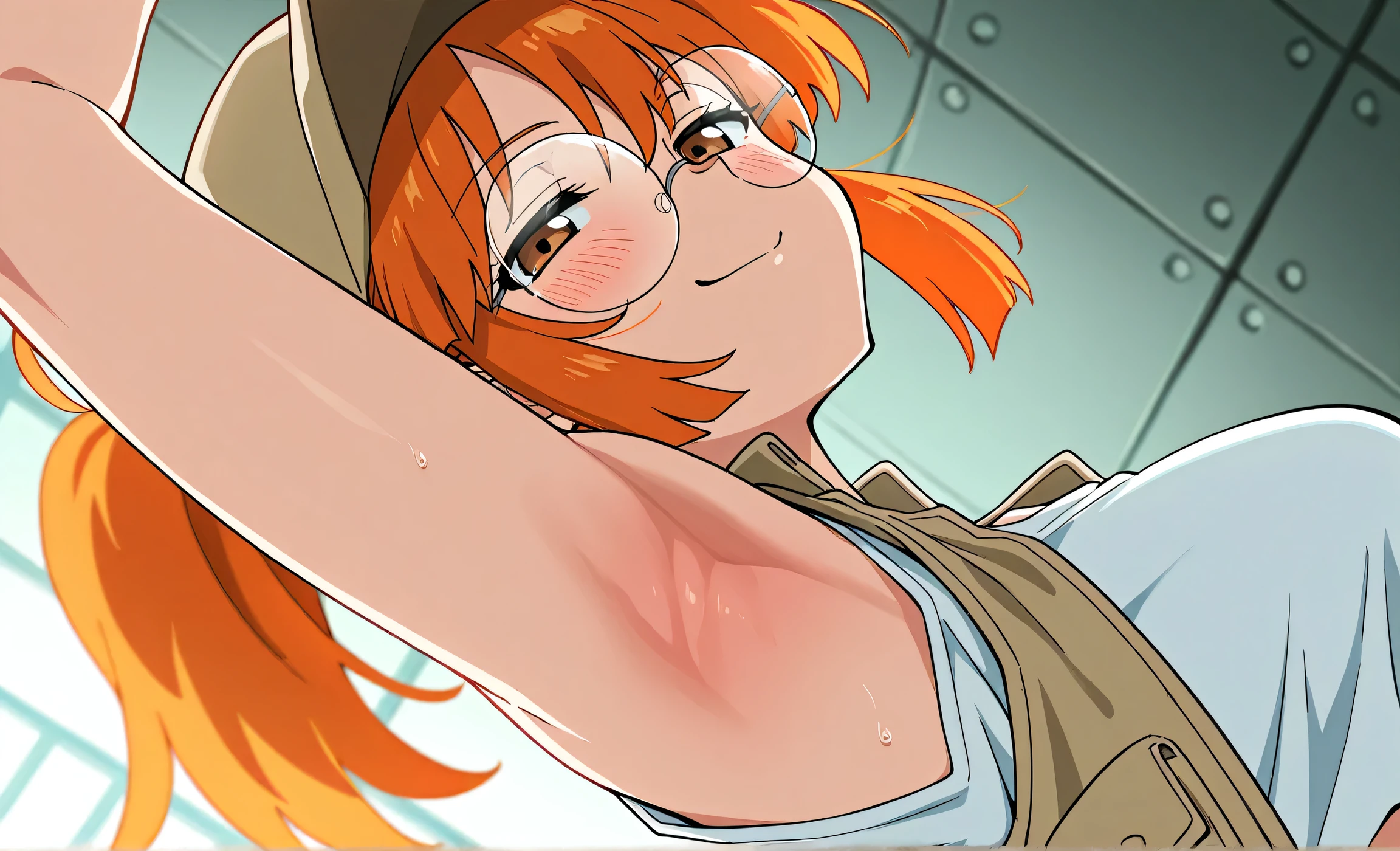 ((Tabletop, Highest quality, High resolution, Pixel perfect, 4K, nsfw)))、1 Girl, Beautiful woman、((short hair, Twin braids、Red Hair)), ((blue eyes、Beautiful eyelashes, Realistic eyes)), ((Detailed face, blush:1.2)), ((Smooth texture:0.75, Realistic texture:0.65, Realistic:1.1, Anime CG Style)), ((Muscular))、((Small breasts、Swollen nipples、Thick thighs)), Perfect body、Inside the train at night、((((:or、Embarrassing、blush))))、((Sweat))、Sitting、Spreading her legs、(Put your hands behind your head、Armpits)、((Light Blue Striped Panties))、