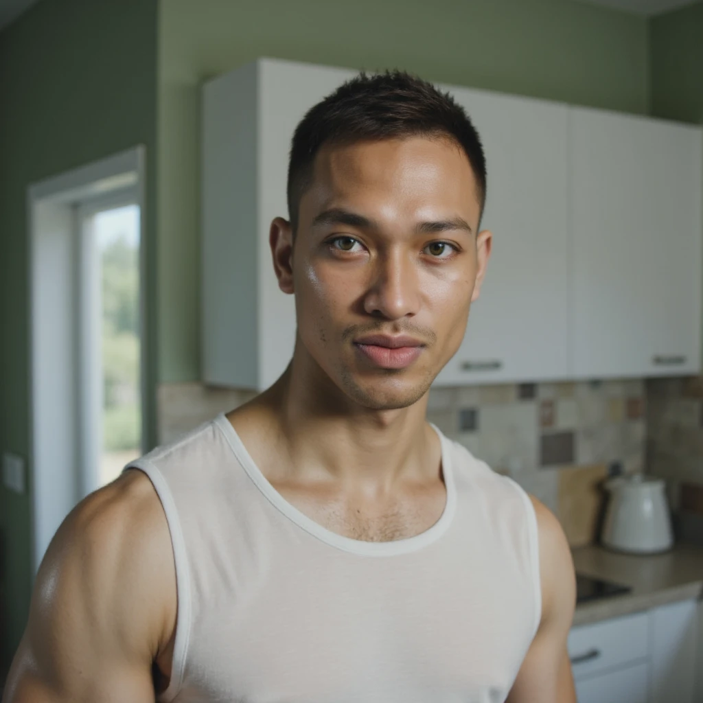 photorealistic, best quality, masterpiece, extremely detailed, very sexy, very homoerotic, side view, extremely handsome, 30 year old muscular filipino man, (muscular bodybuilder), (smiling), wearing only apron, gstring jockstrap, kneading dough, in kitchen, flour on body and face, looking at camera, extremely romantic atmosphere, perfect face, perfect fingers, perfect hands, perfection