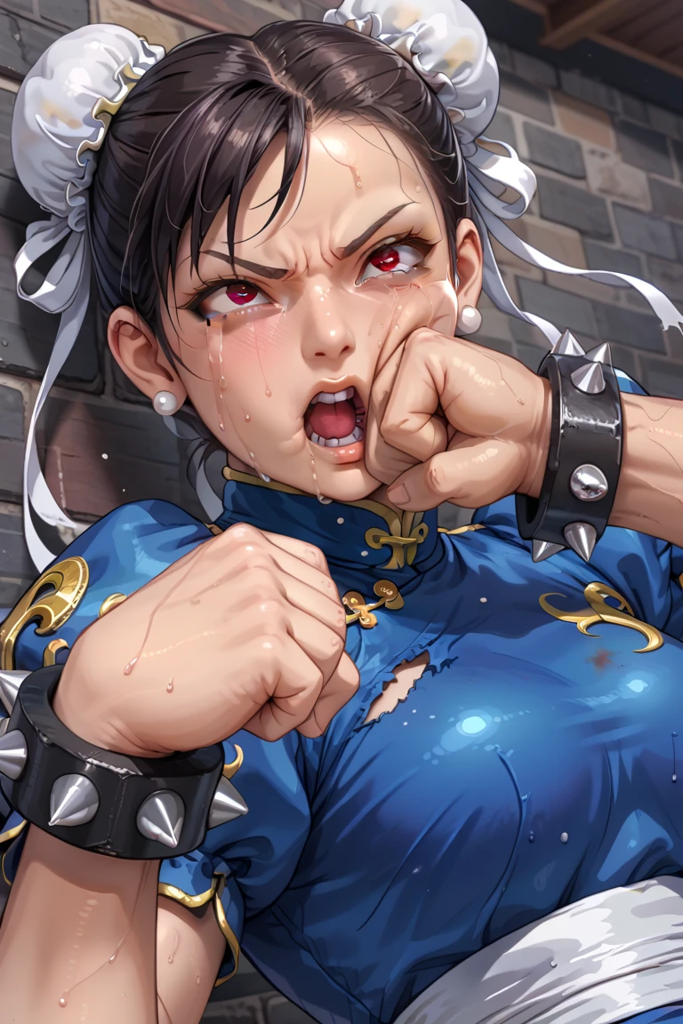 ((solo)),portrait,pov,(1girl),nsfw, (High quality, Ultra detailed, best quality, insanely detailed, beautiful),8K,anime,toxic art,(((she is brutally knocked on the face:1.3))), (((monstrous men punching her cheek:1.2))), (((knocked in the face))), (((assaulted))), pain, (((her cheek is deformed by the violent impact:1.3))), (her chin is deformed by the impact),(((strangled woman view:1.17))), (scratch on face or breast),(Are Are crying, Weak and tired eyes, tears: 1.2),( Bruises or blood on the face or body, Blood flowing from the head and face, Bodily injury or injury, Wounds and cuts, Bleeding lips: 1.2), (Tattered clothes: 1.2), Bloodstains on clothes,(((torn clothes))), (((exposed naked breasts))), (((fast strangling movement effect:1.2))),break,(((chun-li was the torture death match victim,sf2 chun,young,24yo,double bun, bun cover, China dress, Chai Pao, Blue clothes, Puffy sleeves, Brown pantyhose, White Belt, huge breasts,thick body))),break,Arms tied,(breast bondage:1.3),shibari arms,bondage,(arms behind back:1.29),restraint rope,Sweaty body,tearsdrop,break,In the underground cage,Anatomically correct、Severe injuries to face and body、Ropes that dig into the body、Tied up with rope,(meatshield style)