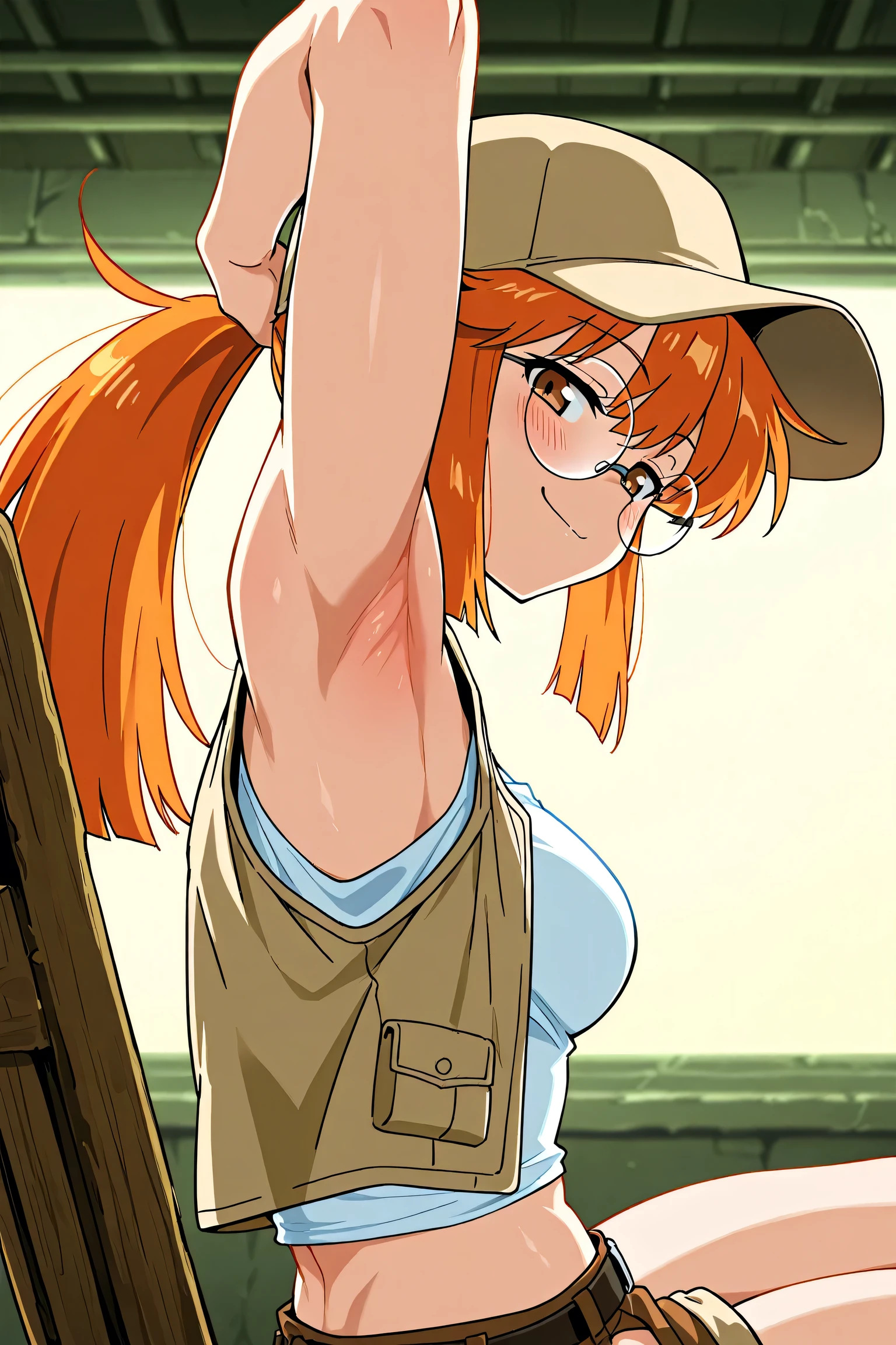 masterpiece, best quality, amazing quality, anime screencap, anime coloring, 1girl, solo, Fio Germi, toned, (muscular female:0.9), baseball cap,brown headwear,beige hat,long hair,orange hair,ponytail,sidelocks,brown eyes,bangs,round eyewear,crop top,(beige vest:1.1),tank top, medium breasts, arm up, raised arm, , armpit, armpit focus, head towards viewer, looking at viewer, direct eye contact, smile, smug, closed mouth, blush, military base, sitting on a chair, from side, from behind,belt,brown shorts,short shorts,shorts rolled up,hip vent,