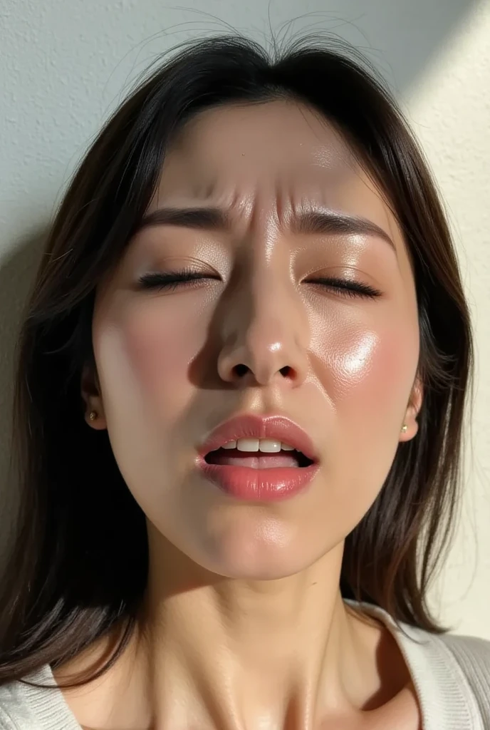 masutepiece, absurderes,award - winning photo, Extremely detailed, edgOrgasm, Woman with mouth open and eyes closed , Woman with Edge _Face、 lungs、Skin shiny with sweat、38 years、1 image1 person、high and large nose、Beautie、facing front、Selfie