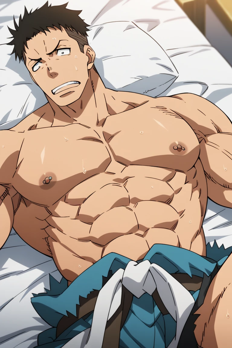 Highres, Masterpiece, Best quality at best,Best Quality,hight quality, hight detailed, anime style, (1 boy), chrome、black hair、Allback、Men with short hair, (showing his muscle), (shirtless, topless, bare chest), without cloth, lying on bed