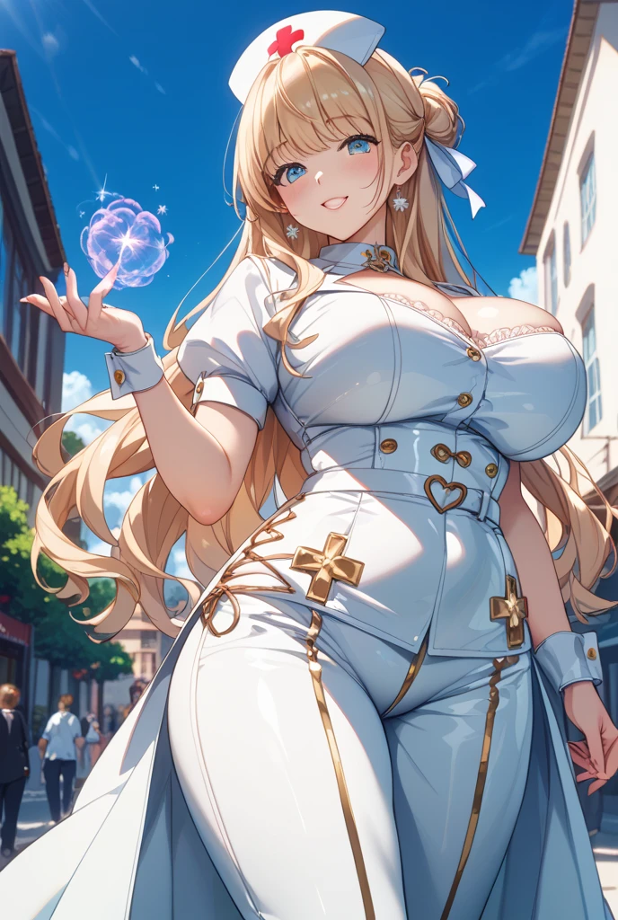 1girl, solo, yorigami jo'on, orange hair, orange eyes, jewelry, pendant, earrings, looking at viewer, outdoors, crowd, makeup, Magical girl, twin drills, drill hair, night city, open mouth, smiley, modern city, tachi-e, high details, high quality, super detail, anatomically correct,old money,stockings,uniform