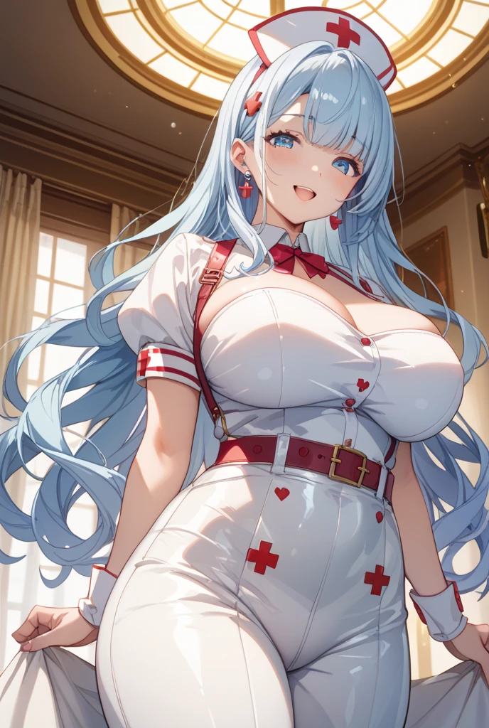 My name is Yukiko.I am a white test woman with long Sky blue hair,red eye color.I am 1.62 cm tall . My breasts measure 200 cm, my waist 40 cm and my hips 200 cm.Dressed in a short nurse outfit . With big breasts 200 cm
