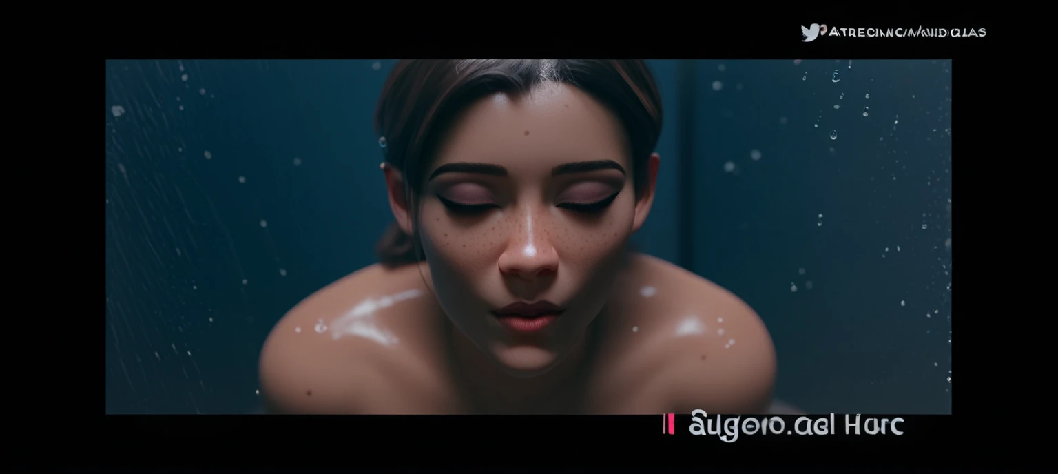 a girl is standing in the shower,unbuttoned shirt,lipstick,hair bun,colored inner hair,shushing,Looking at Viewer,golden hour lighting,realistic,atmospheric perspective,bokeh,detailed,Cinematic light, intricate detail, highres, detailed facial features, high detail, sharp focus, smooth, aesthetic, extremely detailed, stamp, octane render,{{masterpiece}}