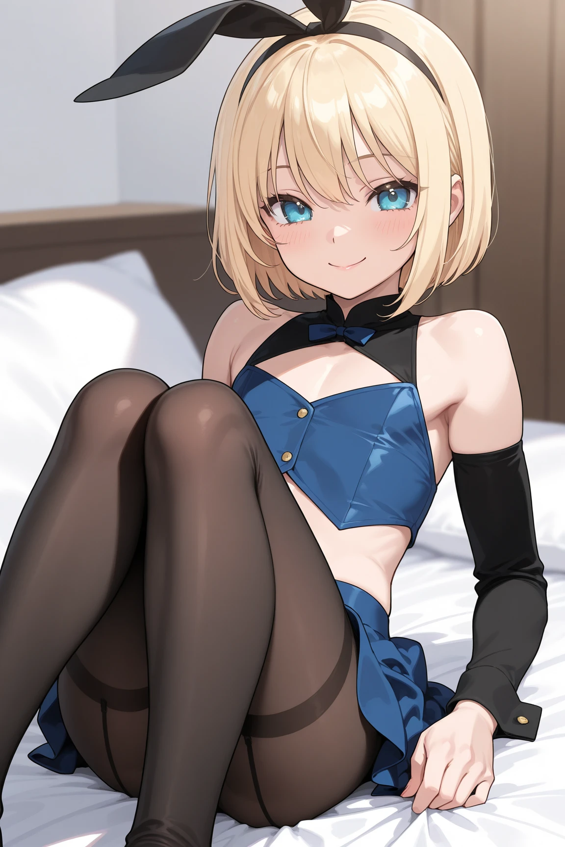 (4K、High resolution image quality、Detailed light、Detailed Shadows、Detailed Design)、1 girl、Blonde、Short hair that is not too long、Fluffy curly hair、Blue and black clothes、beret、(Aggressive design)、((Modest chest、Small breasts))、leotard、barefoot、Shameless、Redness、Lust、Estrus、((sexual excitement:1.5、Sex:1.3、To be made to cum:1.3、Expressions of sexual pleasure:1.1))、Mysterious  that looks like sweat:1.2