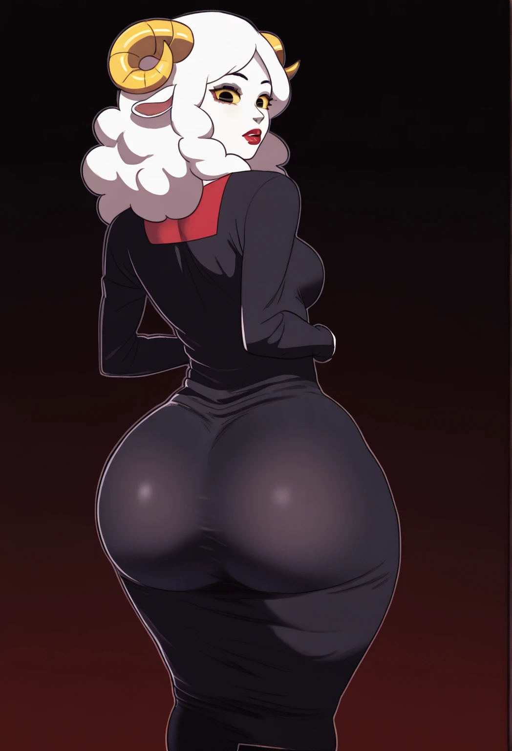 uma mulher com uma bunda grande em um top preto, lineart preto espesso, thicc, contorno espesso, gesto de pose pudica sexy, pawg, back pose, linearidade espessa, big booty, character is in her natural pose, thick thieves, Pose sexy, cel sombreado!!!, vestindo um bodysuit preto, Back from Toned