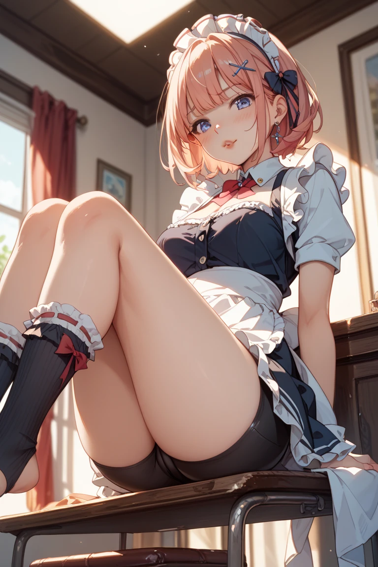 (((masterpiece, Highest quality, High resolution, 超High resolution, Perfect Pixel, Depth of written boundary, 4K, RTTX 10.0))), Beautiful Anime Woman, Beautiful art style, Anime characters, ((Smooth texture, Realistic texture, Anime CG Style)), Exact finger count、Exact number of legs、(Exact number of arms:1.0, Exact number of hands:1.0), (Perfect hands, Perfect Anatomy), Cinematic, Realistic, Extremely detailed CG, Daytime lighting, Perfect lighting, Best Shadow, The best natural light, whole body, Perfect body, Slender body, ((bangs, Dark reddish brown hair, Stylish and cute bob cut hairstyle), Long Hair), (Detailed face, Cute Face), (A grown woman standing with her own hand lifting up her skirt:1.7), (black and white maid outfit, Maid clothes with ruffles and lace, pumps:1.3)、Angle from the front, ((セクシーでかわいいLight blue and black checked panties:1.3), (Glossy satin panties, Side-tie panties, Lace panties:1.3), (Light blue and black checked panties, lace garter belt, Garter Strings, Knee socks:1.3)), (Beautiful big boobs:0.9), (Beautiful and thin thighs:1.3), Feeling embarrassed, (blush:1.2), (Very embarrassed look:1.5), (maid Cafe, Tables and chairs, Many male customers in the background, The male customers are chatting:1.4)