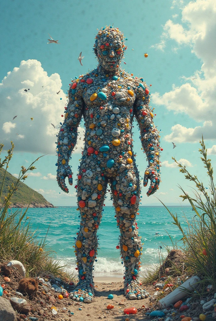 Imagine an ancient Greek statue turning into a modern sculpture of a figure listening to music through headphones, with a pencil in hand to record the natural beauty of the green field that surrounds it --auto