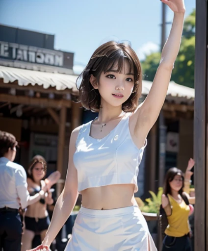 1 girl, obese body, big size, round face, double chin, overweight,Shoulder length Fluffy short curly hair ,Low V-neck white evening dress long gauze skirt ,navel,holding her weight on her stomach and looking at the camera,Amusement Park, Ferris Wheel