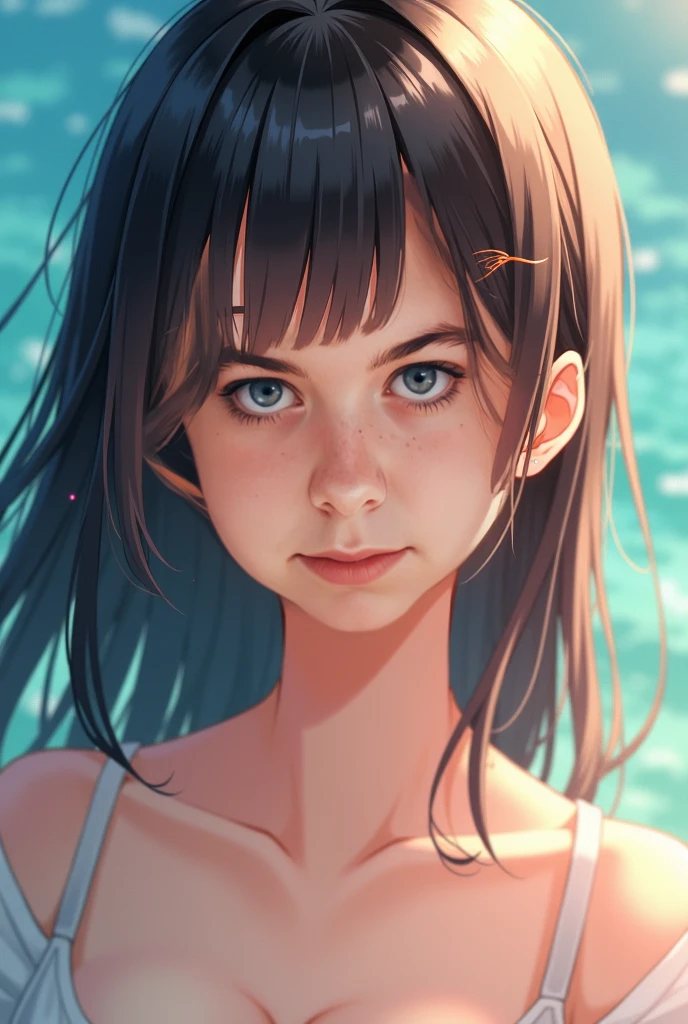 beautiful, lighting, masterpiece, best quality, 1girl, solo, sam yang, swimmer, bikini, stylish bikini, small breast, cleavage, tan line, portrait shot, looking at viewer, detailed face, detailed eyes, detailed hair, partially submerged, outdoor pool, wet skin, wet hair, high quality water, HD, 4k, ultra setting