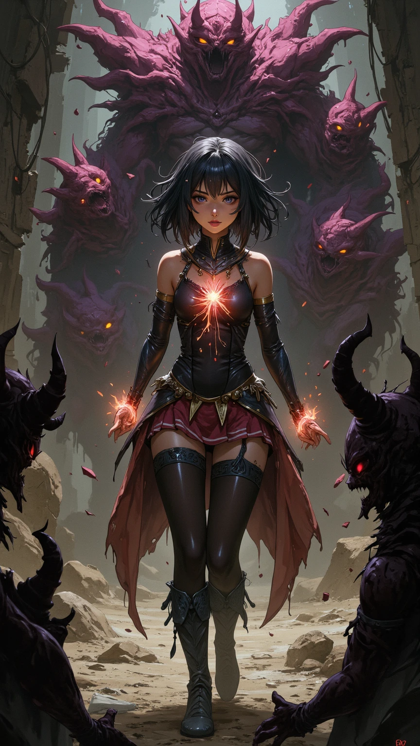 anime screenshot, 1 adult girl, dark sorceress witch, magic battle scene, powerful sorcery technique, anime tv, anime fantasy shonen, dark fantasy, magic ability, pink fire skeletons, cel shading: adult female witch in attack stance, crawling ready to attack, chained in holy shackles, very short charcoal black hair covering her face as if very dark and light, a look of murderous madness and an athletic body, dark torn clothes with a long dirty torn dress, skeleton flames pink summoning
