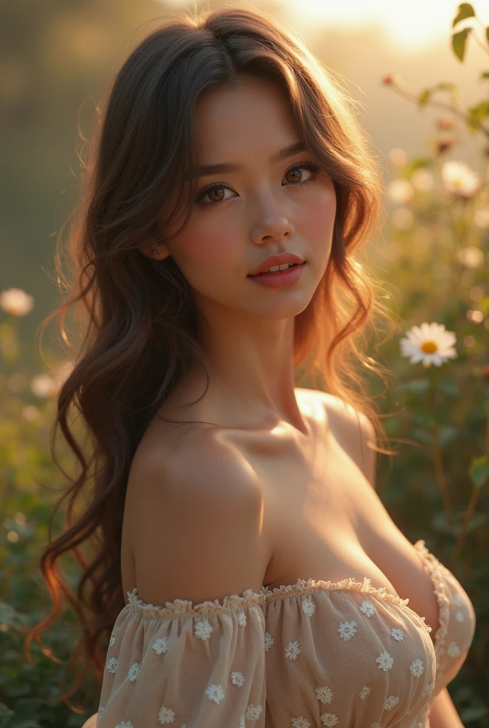 ((Bella Sanchez)), Belle jeune fille, Super nice facial detail, smile,((topless, nsfw, squizzed tits, breasts squeezed together)), elbow squeeze, wheat field, mountain background, (beaux seins), medium breasts, slim body, accessoires, earrings, High quality, Realistic, Very detailed, High definition, RAW color photo, ((Realistic full-body photo)), natural light, Beautiful Detailed, super detail, High Details, (red lipstick), ultra high res.photo realistic: 1.4, UDH, ((realistic))