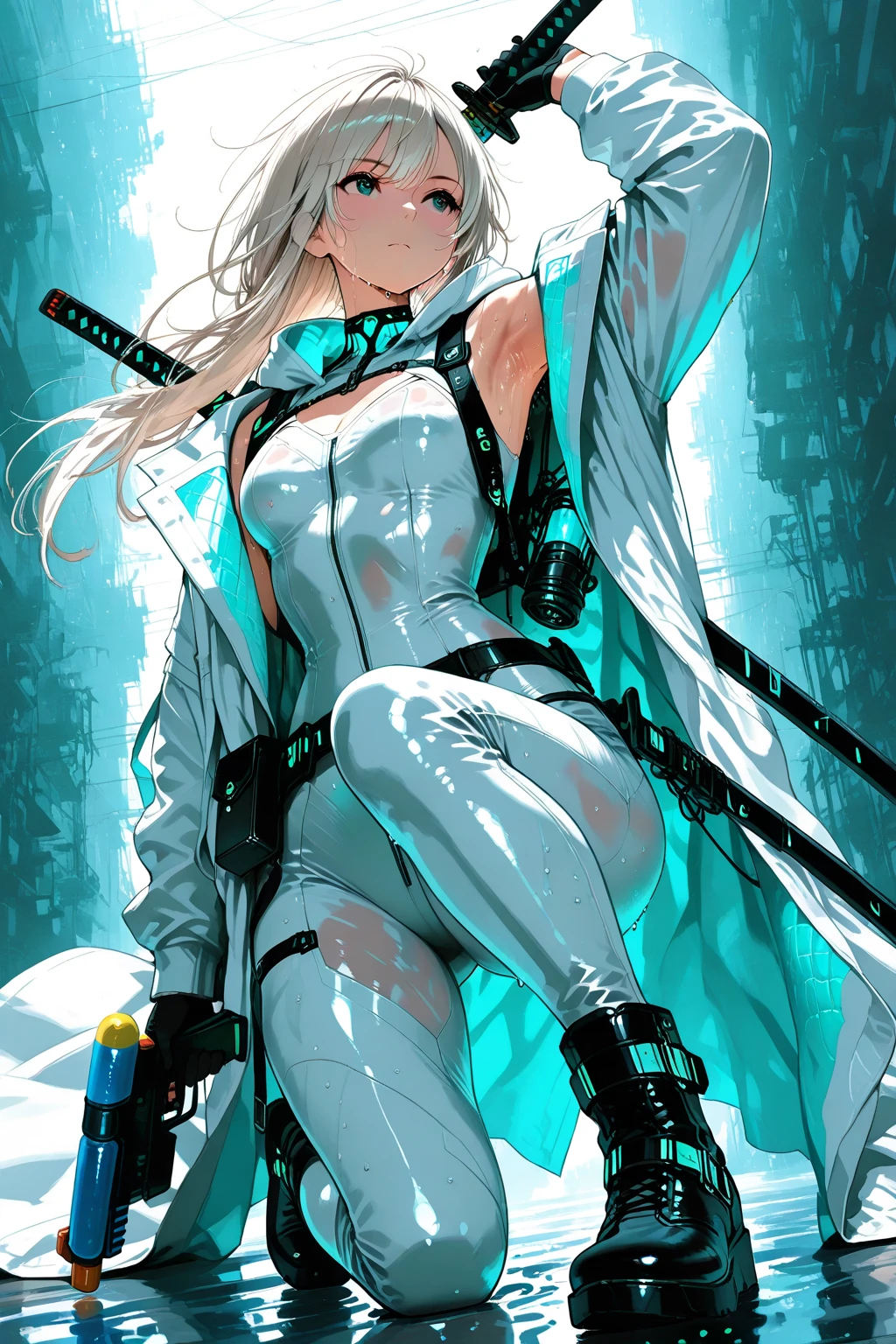 Masterpiece, 8k, cyber punk world, female character, 1girl, high detailed white catsuit, (wind blows), black glove, boots, slender body, medium chest, white long coat with hoodie, long hairstyle, thin blond hair, many items, cinematic lighting, dramatic atmosphere, intricate details, vivid colors, Near the future landscape, electrical midtown, digital art, equip a water gun on back, holding a katana, hip bag, kneeling, one knee up, pigeon toed, Look into the distance, sweaty, midday, cowboy shot, from below, sweaty armpit, (sweaty:1.3),