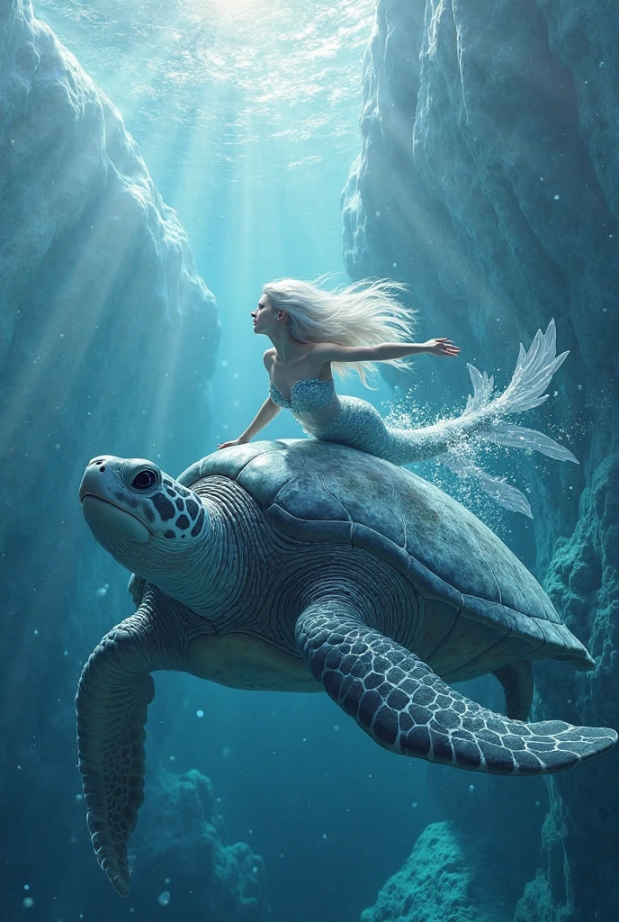 (​masterpiece), realistic, cinematic light,15-year-old girl, ride on a big turtle, under the sea, full body, from above and side, beautiful eyes, silver hair, perfect , very cute, (blue eyes), bio luminescent, 8 class large, 8K, human hands, character sheets, concept-art, smooth and detailed hairstyle, Fractal art, eyes shed tears while holding back the pain, open mouth and stick your tongue out,