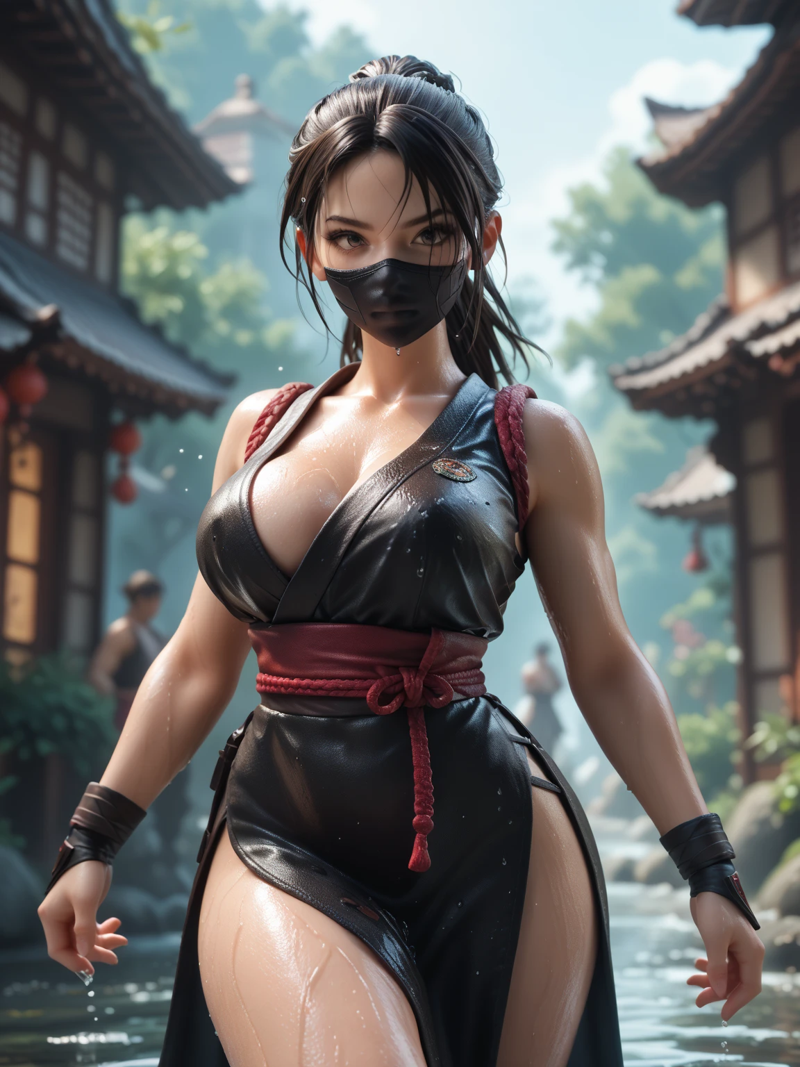 (Beautiful female), (ninja woman:1.2), (squatting:1.1), (zoomed out full body shot), (short ponytail hair:1.1), (in front of torii:1.1), (detailed background), (bright moonlight at night:1.2), wearing (black face mask:1.2), wearing (ripped ninja outfit:1.1), (torn ninja outfit:1.2), (gloves:1.1), (fishnets:1.2), (athletic-slim body:1.1), (big eyes), (round breasts), (bubble butt), (wide hips:1.1), (slim waist:1.1), (thick thighs:1.1), (detailed face and eyes:1.2), (gorgeous face), (clearly detailed skin), (seductive smirk), (anatomically correct), (colored photo), hyperrealistic, (masterpiece), depth of field, f/1.2, leica, 8K HDR, high contrast, shadows, (detailed hand and finger:1.2), (medium breasts:1.2), (busty), (deep cleavage:1.2), (labia outline:1.3), (hard teat:1.3).