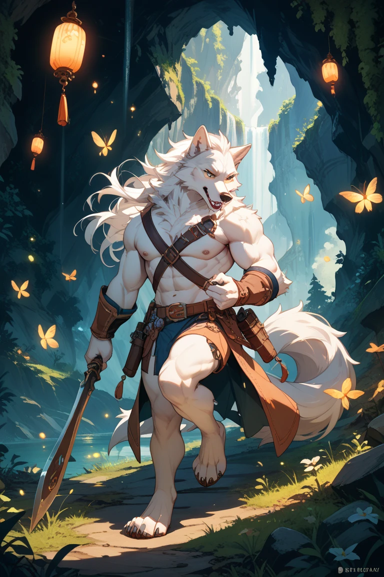 ultra-detailed, masterpiece, masterwork, high quality, best quality, hdr, (nature, night), posted on e621, (by darkgem), nsfw, male, solo, chibi, (white little body werewolf), canine, (long silver hair, yellow eyes, white body, roar), stylish pose, dynamic angle, (micropenis, foreskin, childpenis, perfect balls)