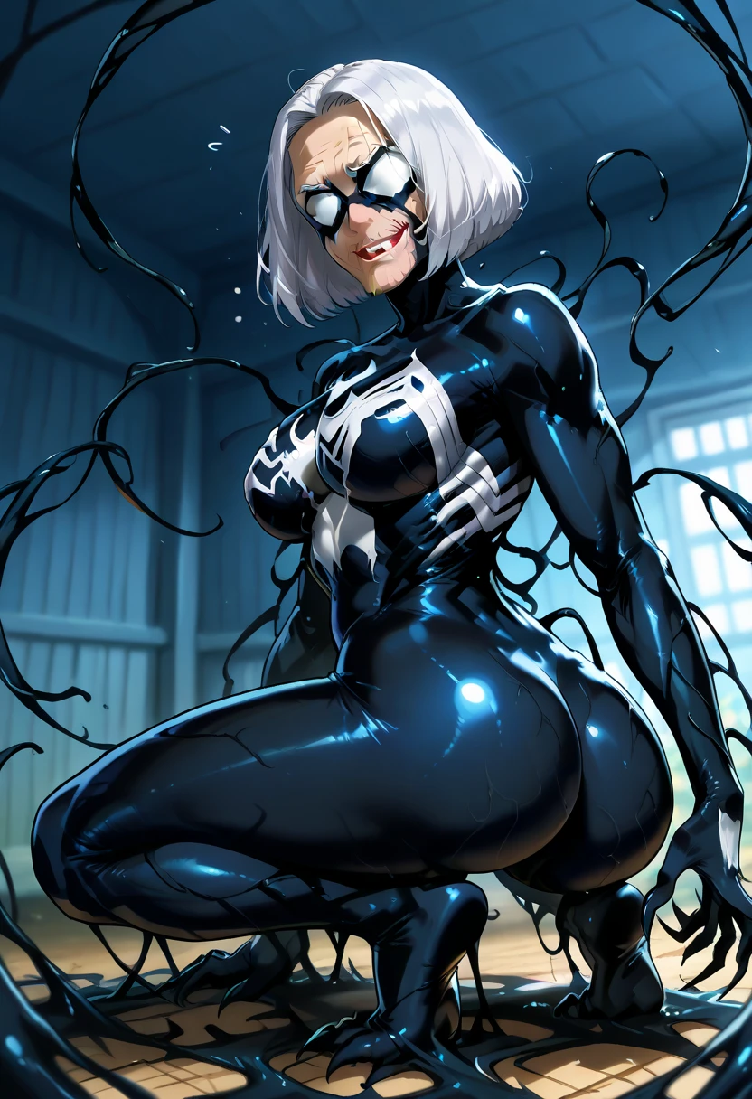 4K，realistically，charming，very detailed，There is a girl in Dingcheng，white hair，Wearing black Spider-Man costume，（black and white：1.4） night,symbiont，poison，lots of mucus,She is a hero，Black superhero theme，in front of the sky，complexion，( spread legs， camel toe，， vulva shape：1.3）,(GGcamel toe:1.3)，25 years old，Full body female love
