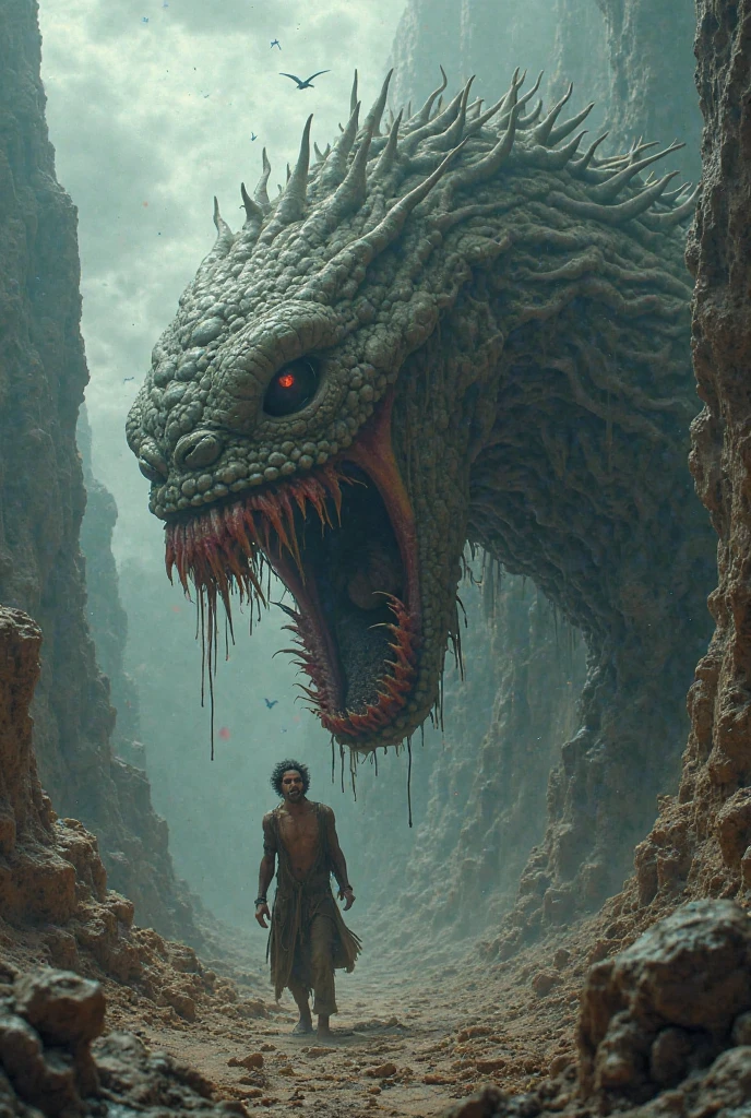 there is a giant monster with a man standing in front of it, gaping maw, big titan creature in the center, detailed hot maw, a creature 5 meters tall, detailed maw, you looking into the maw, huge creature, ilithid, mantis head monster god temple, cacodemon, z'gok. 8 k hd resolution
