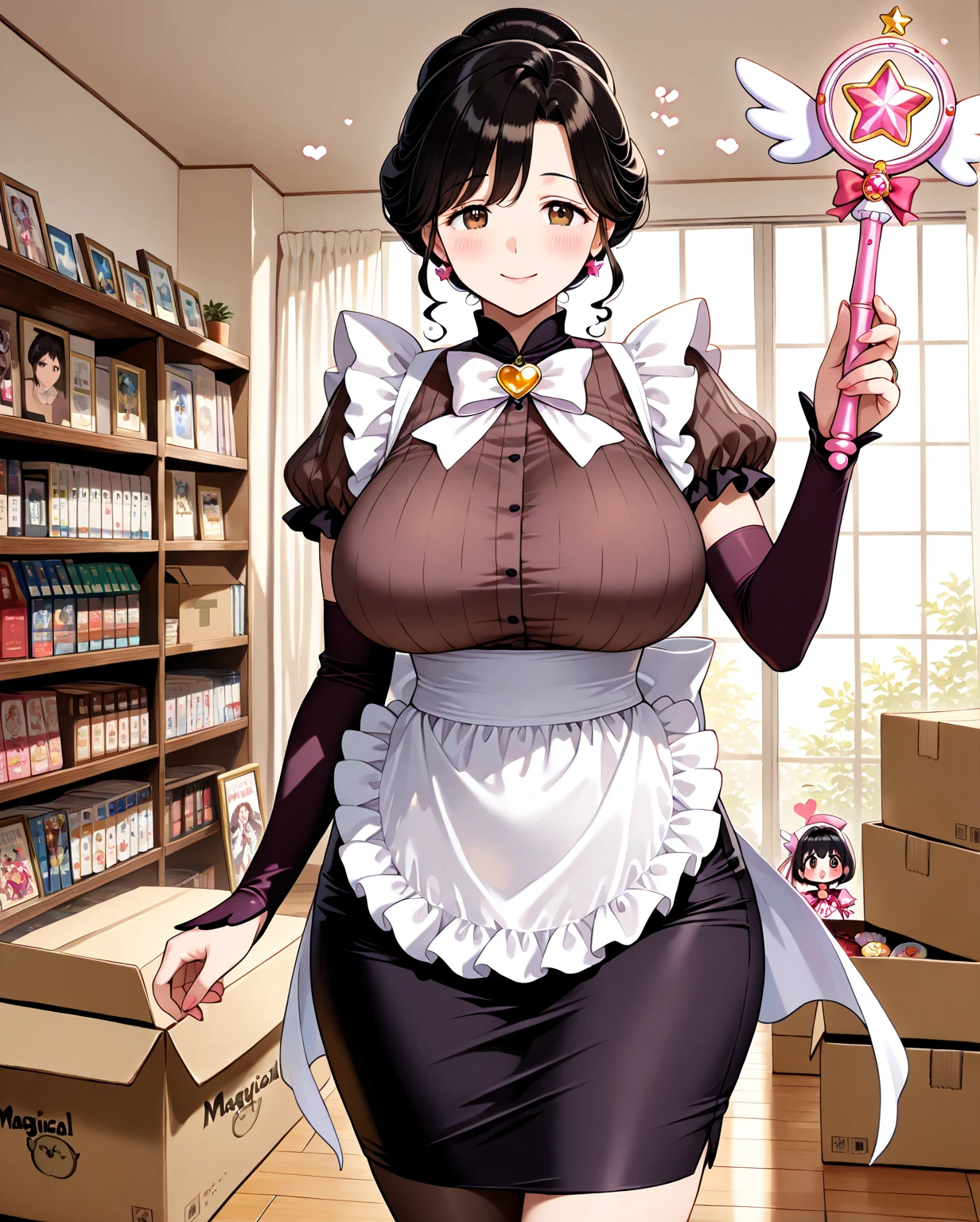 beautiful mature woman, detailed beautiful face, brown eyes, kind eyes, big breasts, apron, tight skirt, (black hair, updo), ((Use the Magical Girl wand to magically store the Magical Girl's costume away in a cardboard box)):2, beautiful mature woman illustration, fusion of reality and fantasy, incredibly absurd, 8k, masterpiece, top quality, amazing quality, bright atmosphere, world where magic is real, magical girl retirement, my room, absurdres,