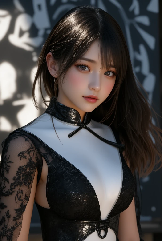 Masterpiece, 1 Beautiful Girl, Detailed Eyes, Swollen Eyes, Top Quality, Ultra High Resolution, (Reality: 1.4), Cinematic Lighting, Japanese, Asian Beauty, Korean, Very Beautiful, Beautiful Skin, Slender, Body Facing Forward, (Ultra Realistic), (High Resolution), (8K), (Very Detailed), ( Best Illustration), (beautifully detailed eyes), (super detailed), (wallpaper), detailed face, bright lighting, professional lighting, looking at viewer, facing straight ahead, outfit is neat white shirt and dress, 46 point slanted bangs, night view, black hair (some red hair with mesh),